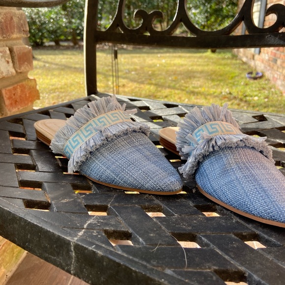 Michelle McDowell Blue Greek Key Raffia Mules — Size 7 - Picture 2 of 13